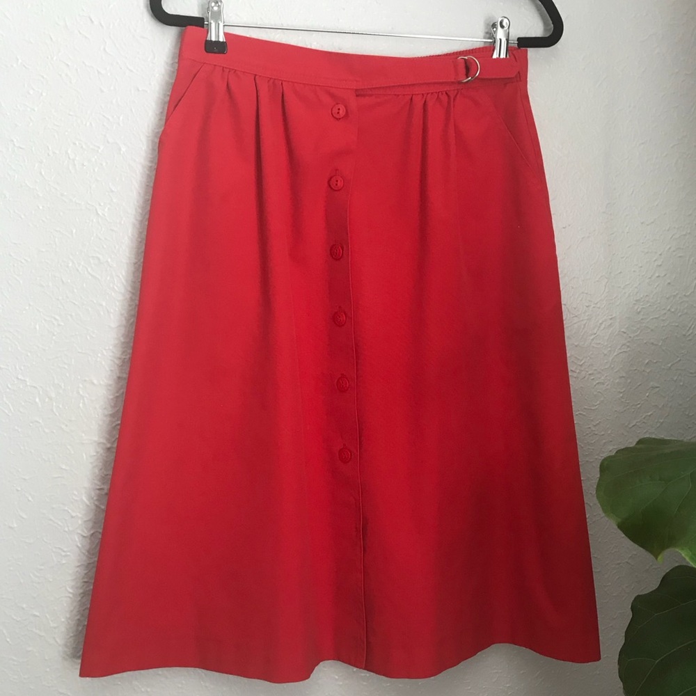 Red button front midi skirt